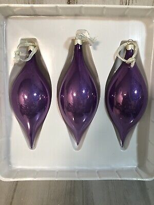 2002 MARTHA STEWART Purple 6" Tear Drop GLASS Christmas Luster 3pc Ornament Set