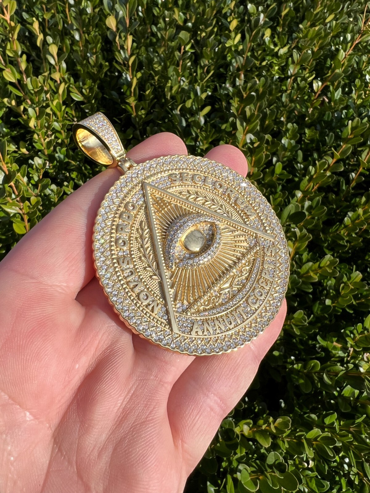 Pre-owned Harlembling Moissanite Huge 3" All Seeing Illuminati Eye Masonic Medallion Necklace Silver