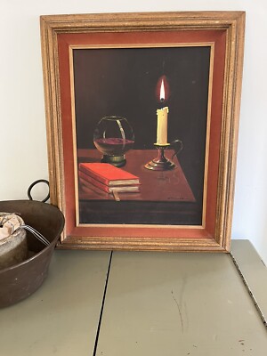 oil painting original Signed Stillwell Stilllife Painting Candle Brandy Books EU