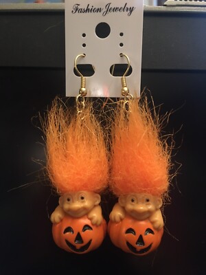RUSS TRICK or TROLL DOLLS HALLOWEEN EARRINGS PIERCED JACK O LANTERN FUZZY HAIR