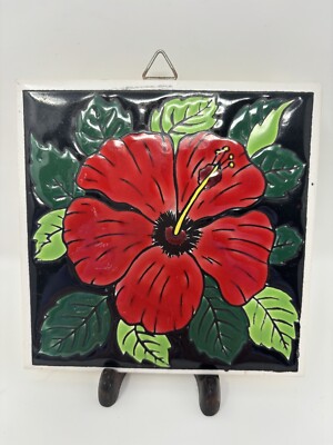 Vintage Neofitou Keramik Ceramic Tile Rhodes Greek Red Hibiscus Flower Greece