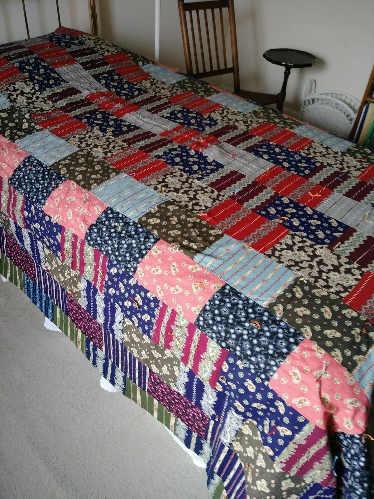 Antique, Vintage, Navy, Red, Blues, Browns, Tie Quilt, 77 1/2