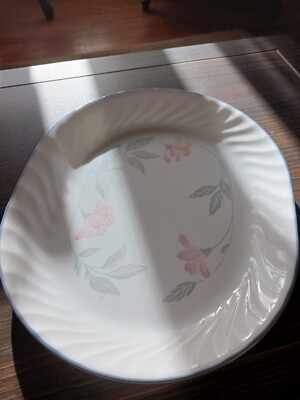 Corelle Pink Trio Oval Dish Platter 12 1/4'' x 10'' White Swirl Gray Leaves + Edge