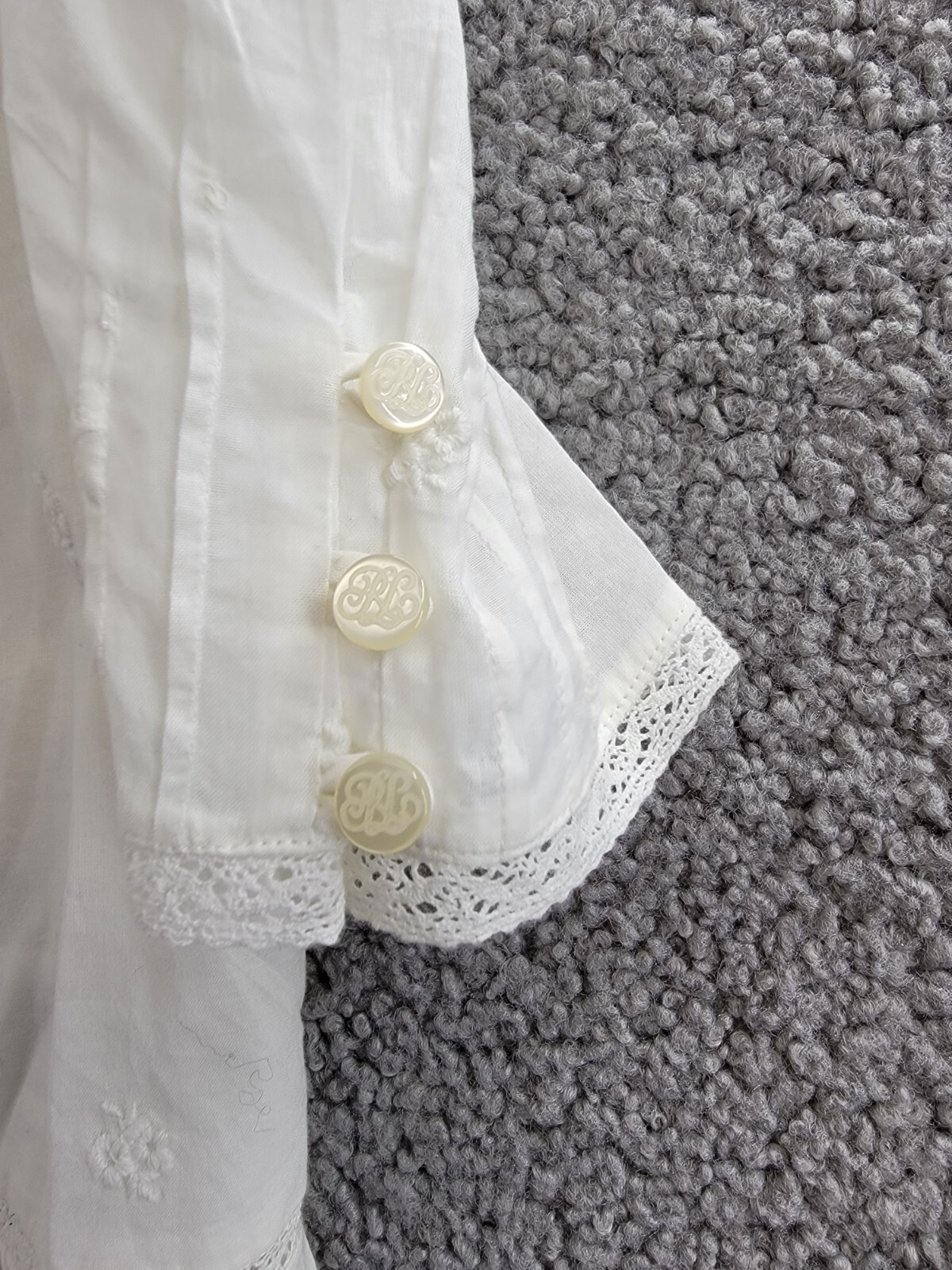 Ralph Lauren Embroidered Voile Top Girls' 12 White Collared Ruffled Button Back - Picture 9 of 19