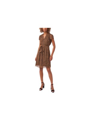 

MSK Womens Beige Self Tie Belt Button Front Short Sleeve Shift Dress Petites, Бежевый