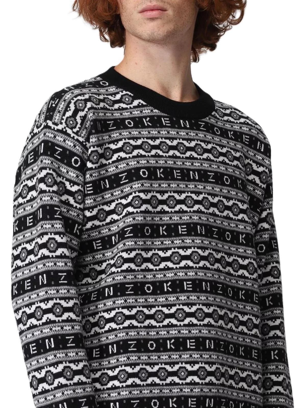 Kenzo Paris Men's Wool Jacquard Jumper Sweater Black White