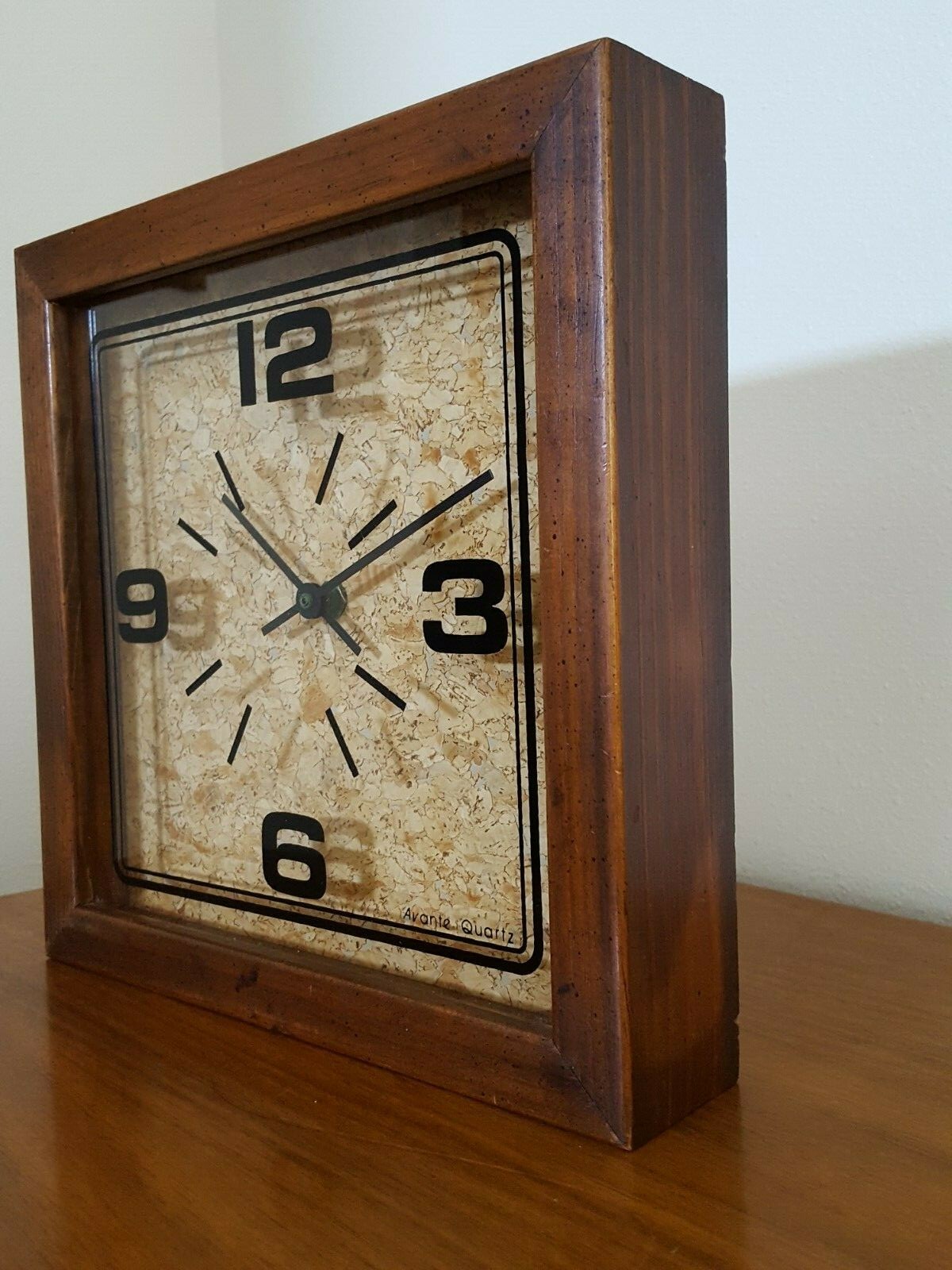 Vintage Mid Century Avante Wall Clock, Wood, Cork & Glass, Quartz Japan