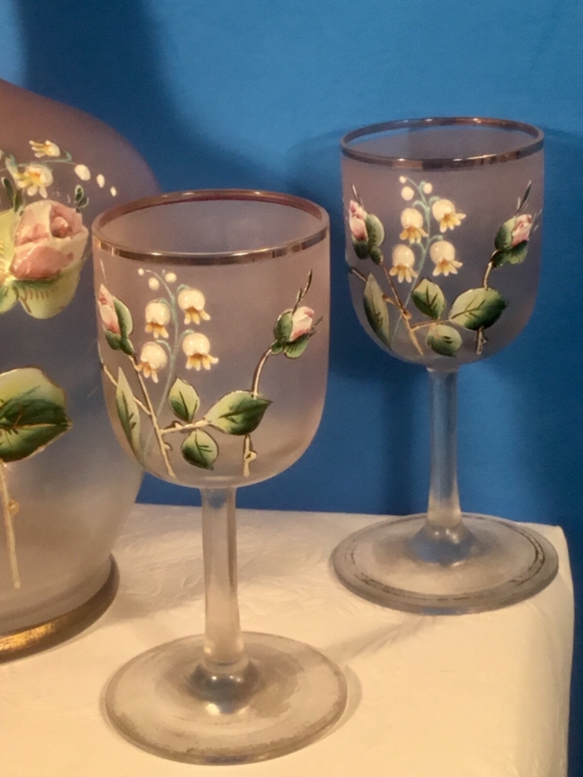 Antique French Decanter 4 Glasses Enameled Roses Lily of the Valley, gl78