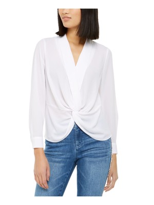 

Женский белый топ INC со сборками спереди, длинными рукавами и воротником, размер