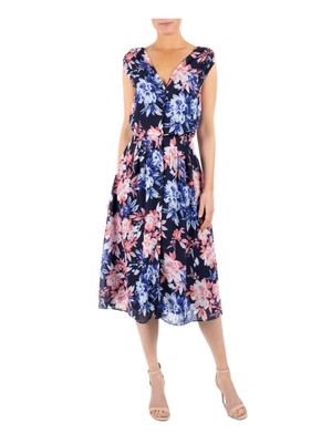 

DONNA RICCO NEW YORK Женское темно-синее платье-рубашка миди с V-образным вырезом и цветочным принтом для работы, Navy