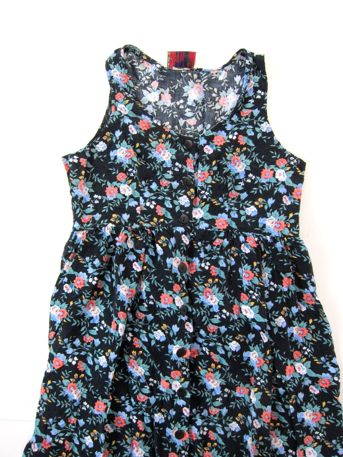 Sostanza Rayon Stretch Black Pink Green Floral Button Down Maxi Tank Sun Dress S