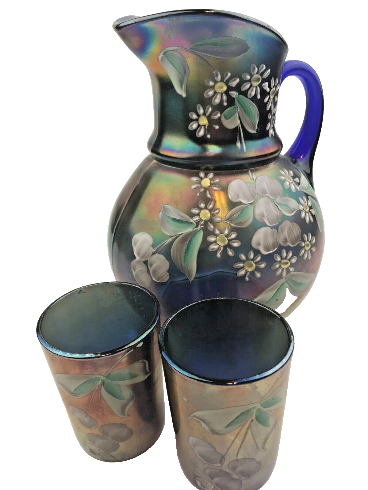 Fenton Cherry Blossoms Pitcher and 2 Tumblers Blue Carnival Glass