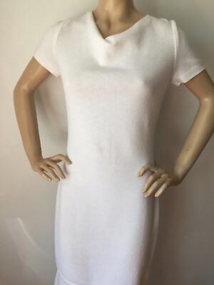 Pre-owned St John Knit Dress Size 2 Bright White Ruffle Santana Knit Wool Rayon