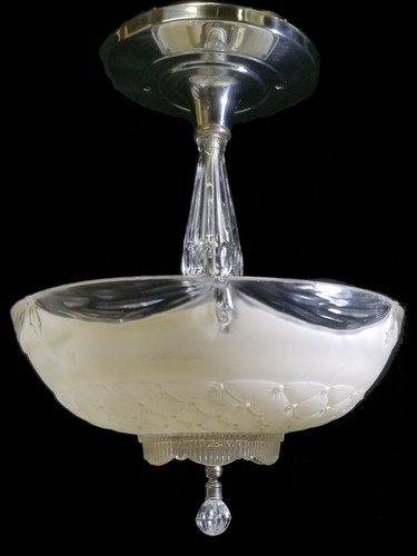 Vintage 40's Art Deco Glass Ceiling Light Lamp Fixture chandelier chrome antique