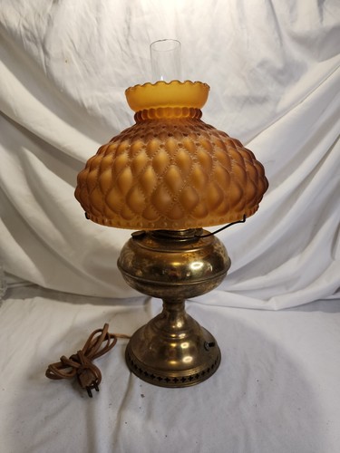 未開封　amber diamond pattern lamp shade Vintage Amber Glass Diamond Quilted Pattern Oil Lamp Shades