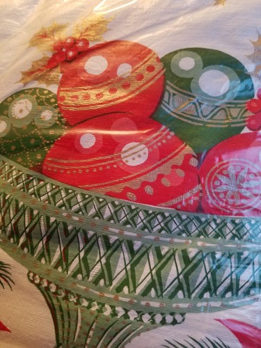 VTG NOS Flannel-Back Vinyl Christmas Tablecloth 52x70 Holly Candles Ornaments