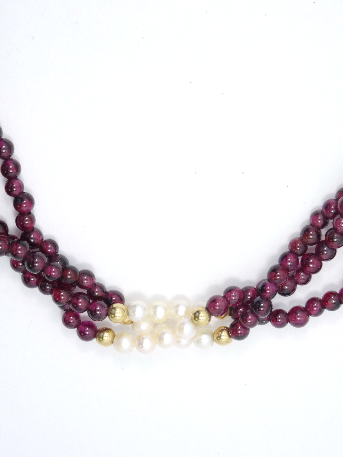 3 STRAND 4.5 mm GARNET FRESHWATER PEARL SOLID 14k GOLD BEADED NECKLACE ~ 16"