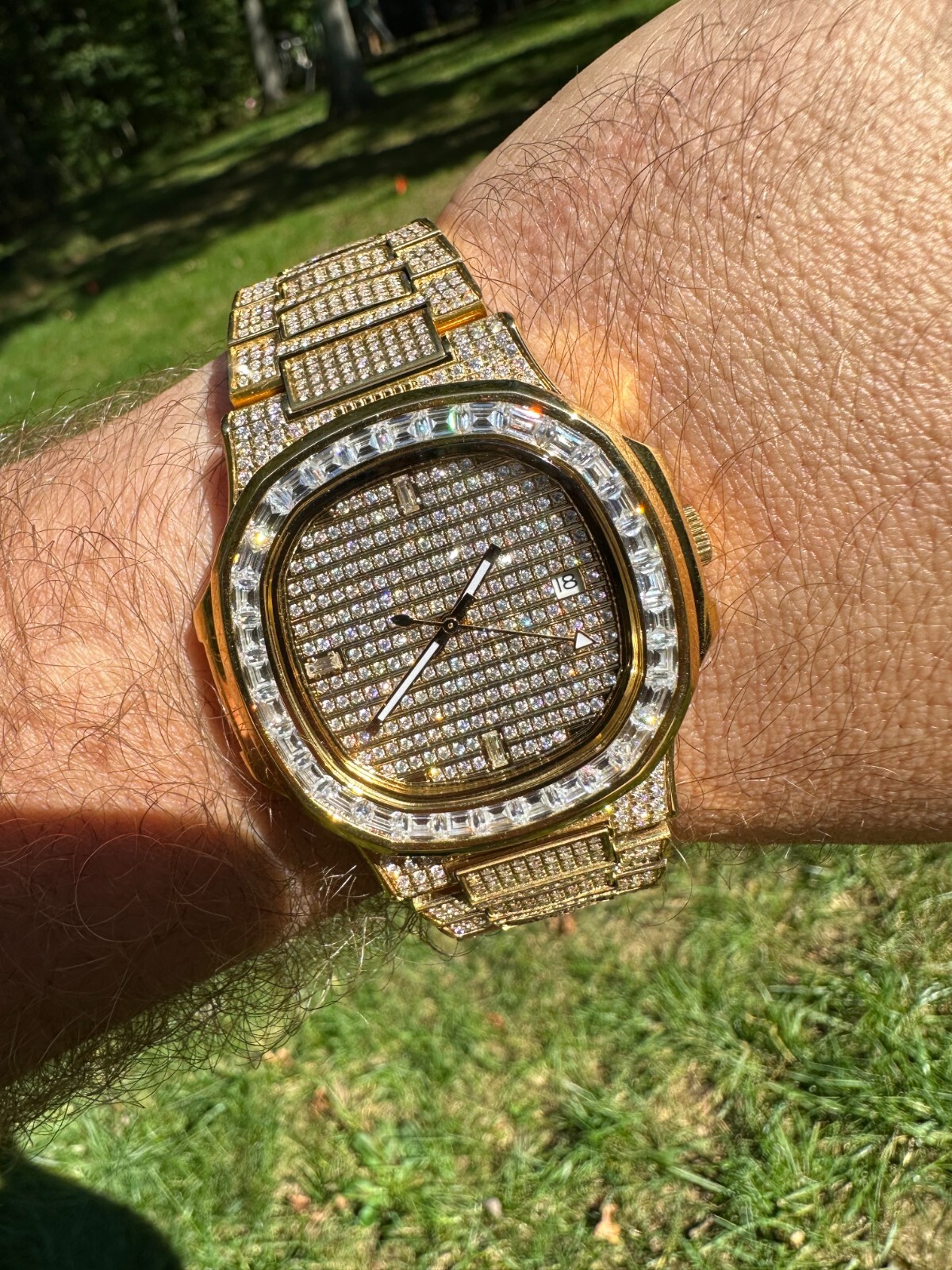 Pre-owned Real Mens Baguette 14k Gold  Moissanite Watch Iced Automatic Movement Hiphop