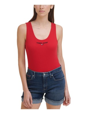 

TOMMY JEANS Женский красный боди без рукавов с логотипом на кнопках, топ