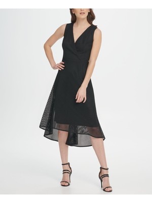 

DKNY Женское Черное Вечернее Платье Миди Без Рукавов с V-образным Вырезом + Расклешенное Платье, Черный