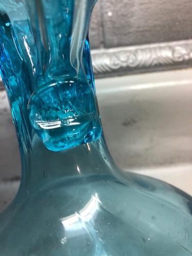 ANTIQUE BLENKO HAND BLOWN GLASS PANELED AQUAMARINE BLUE WATERFALL PITCHER VASE