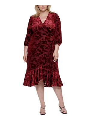 

CALVIN KLEIN Womens Burgundy Semi Self T с рукавами 3/4 Faux Wrap Plus