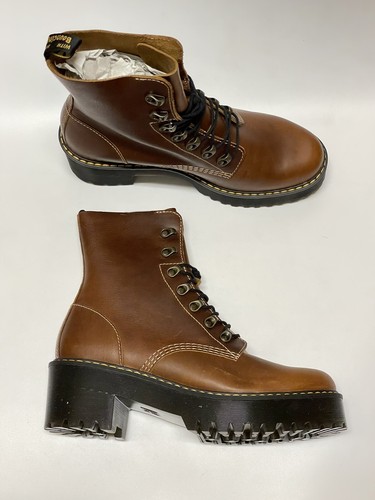 Pre-owned Dr. Martens Leona Platform Combat Boots Butterscotch Brown Leather Women's Sz 11