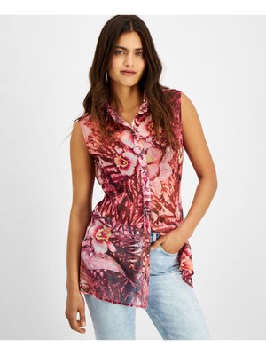 

GUESS Женский розовый прозрачный облегающий топ без подкладки без рукавов с воротником на пуговицах