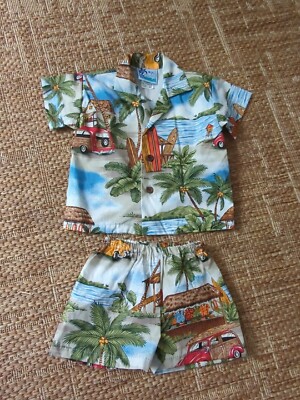 Hawaiian Outfit  Shirt Shorts Baby Boy 12 months Made in Hawaii 100% Cotton 0973