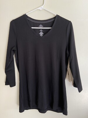 St. John s Bay V Neck~3/4 Sleeve~Cotton Top/Tee~Black~Size Medium~NWT