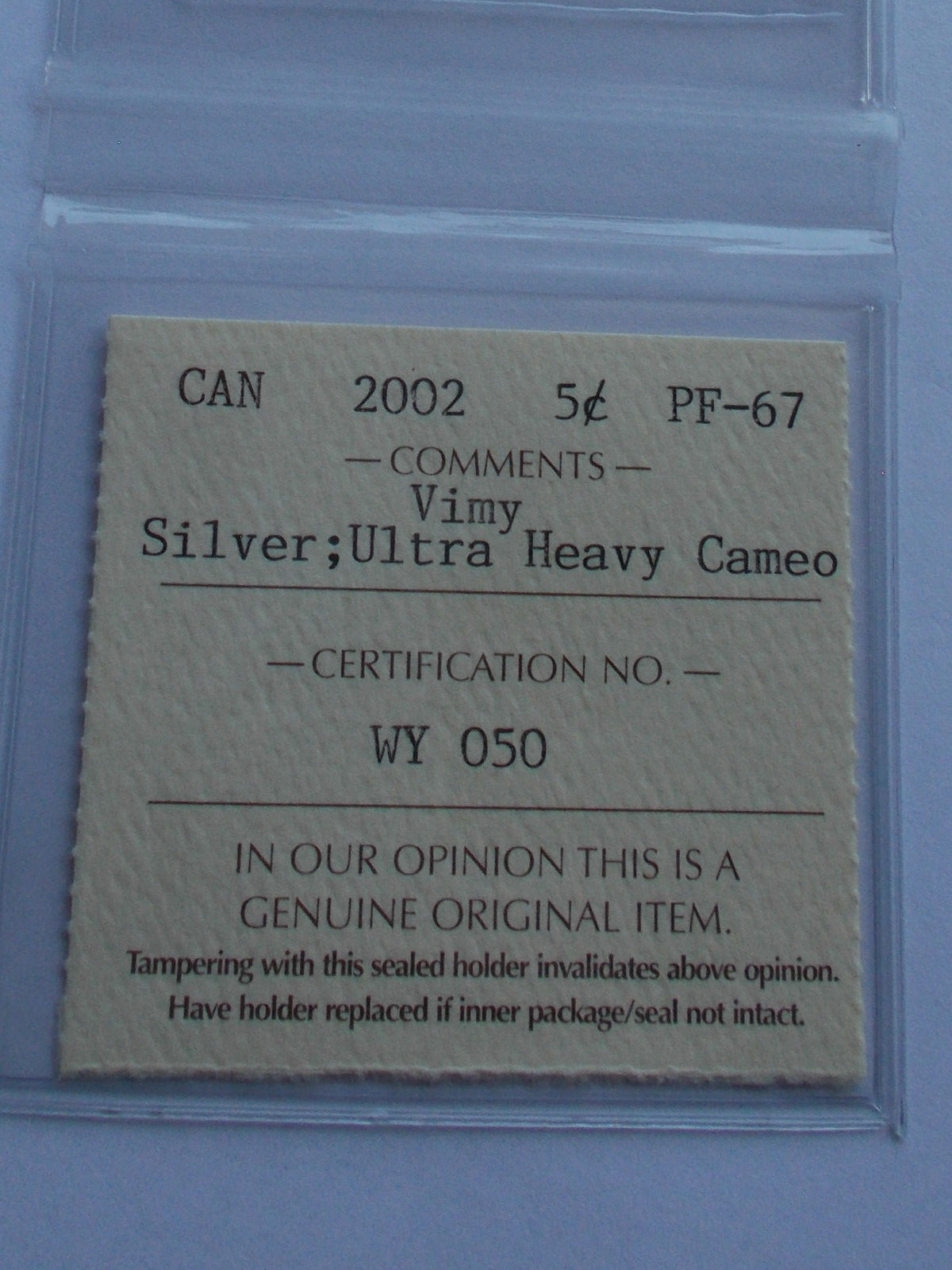 2002 CANADA VIMY RIDGE SILVER 5 CENT ICCS CERTIFIED & GRADED