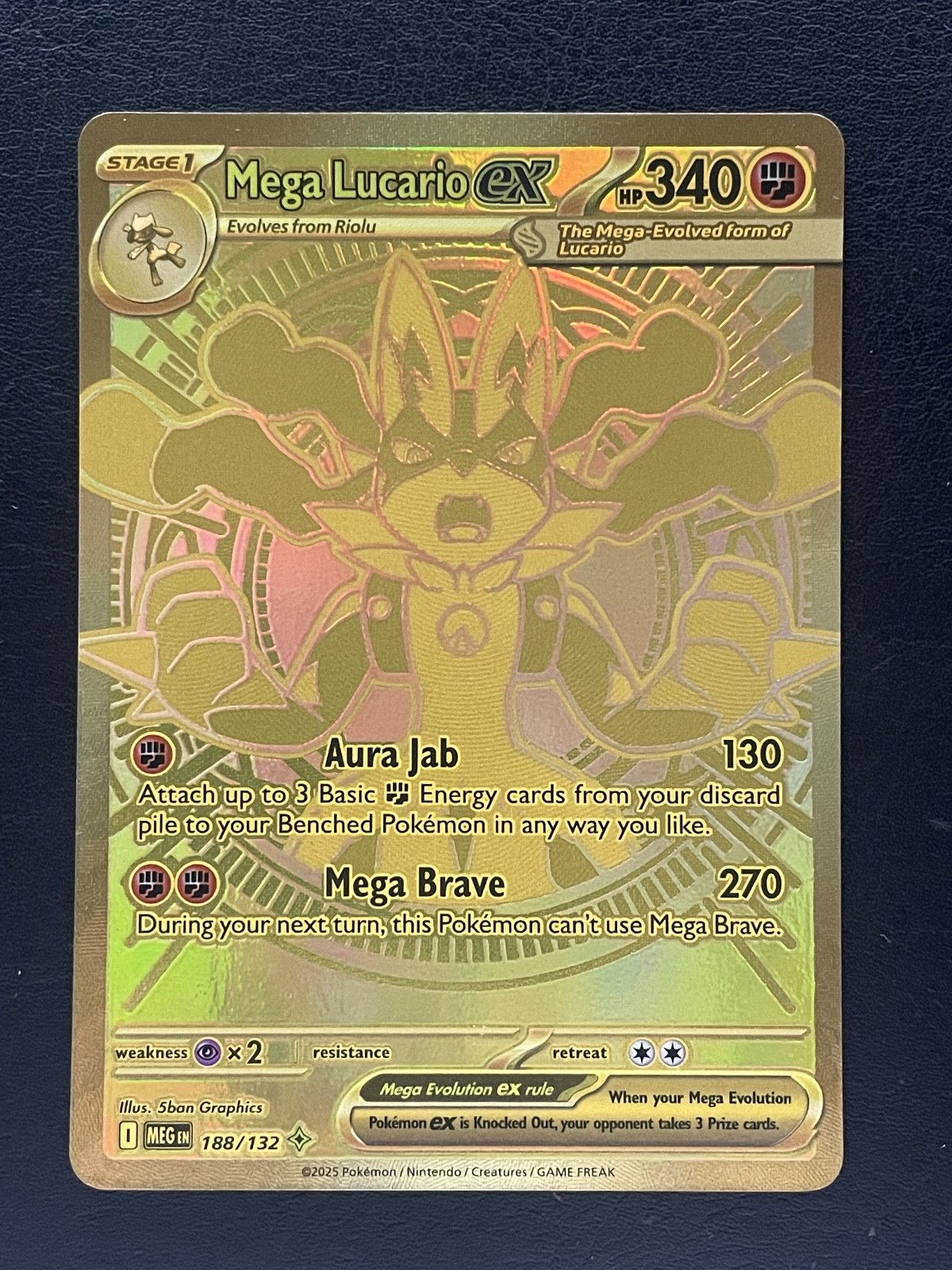2025 Pokémon Gold Holo Pack Fresh Centered Mega Lucario EX 188/132