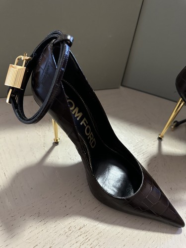 Pre-owned Tom Ford $1290  Lock 105mm Croco Ankle-strap Shoes Chocolate 9 Us/39 Eu In Brown