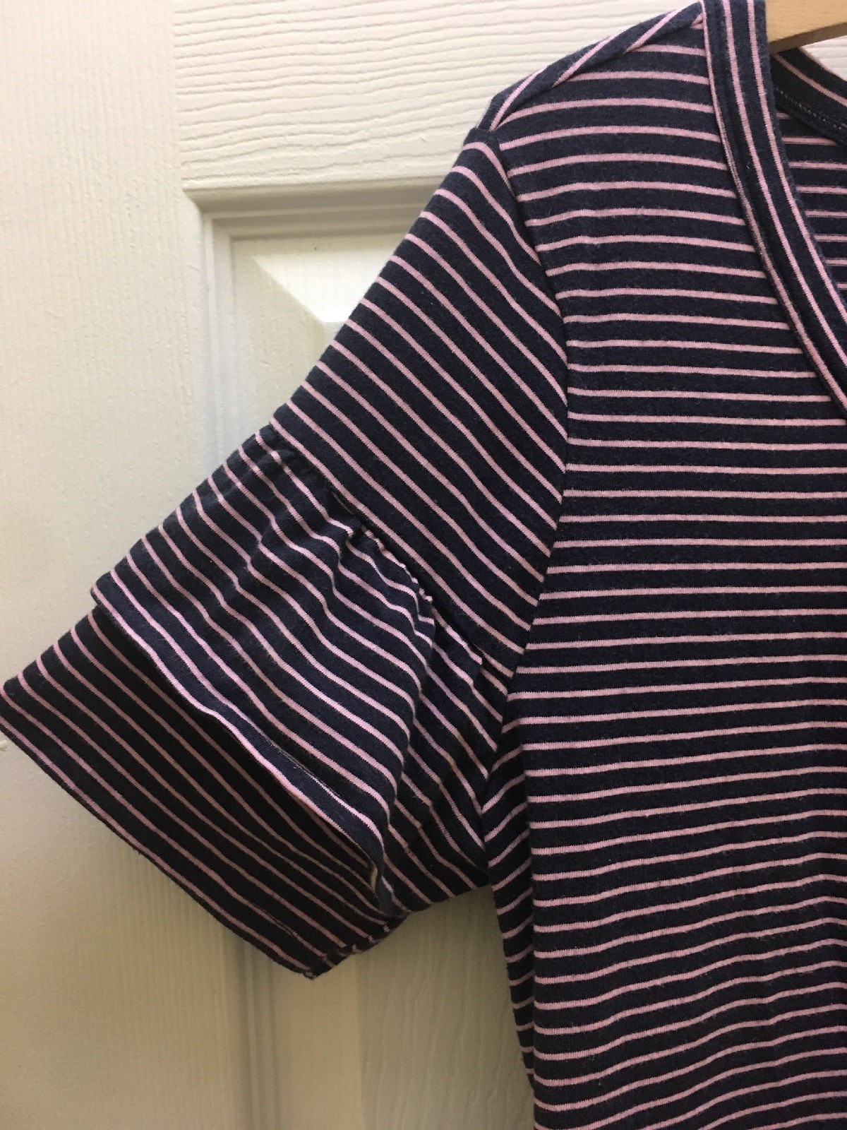 Isabel Maternity Dress MEDIUM Navy Pink Striped Ruffle Sleeve Scoop Neck T-Shirt