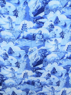 True Vintage Japanese Crepe Fabric Buddha Temple Mt Fuji 36