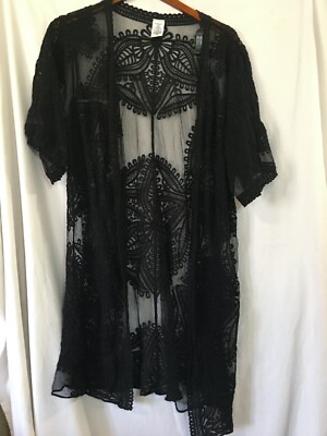 New Womens Time & Tru Black Lace Kimono See Through Robe Cover Up S-M