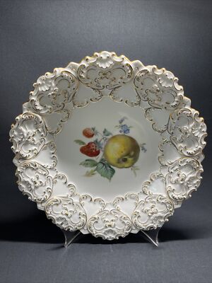 Large Meissen Gold Gilt & Fruit Plate/Bowl 10 3/4  1st Quality Mint With Stand