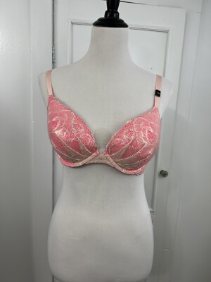 Victoria Secret Womans Plunge Bra Sz 36C Padded Underwire Sparkly Lace Pink