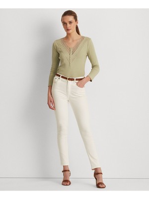 

RALPH LAUREN Женский зеленый кружевной топ с планкой на 5 пуговицах с длинным рукавом и V-образным вырезом