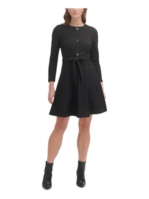 

DKNY Женское черное платье длиной выше колена с длинными рукавами и расклешенным платьем, Черный