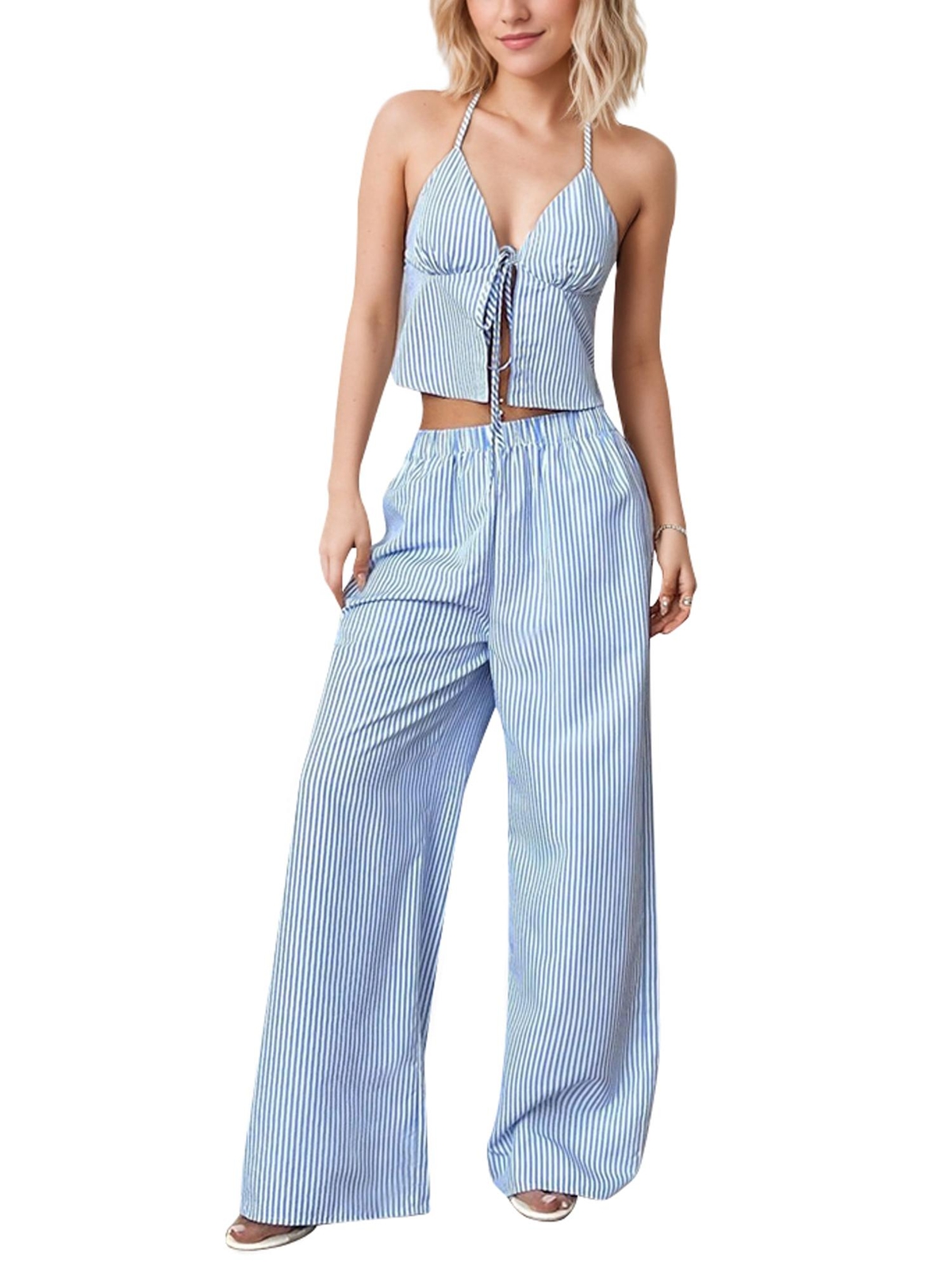 Women's Casual Striped Tank Top & Elastic Straight Leg Pants