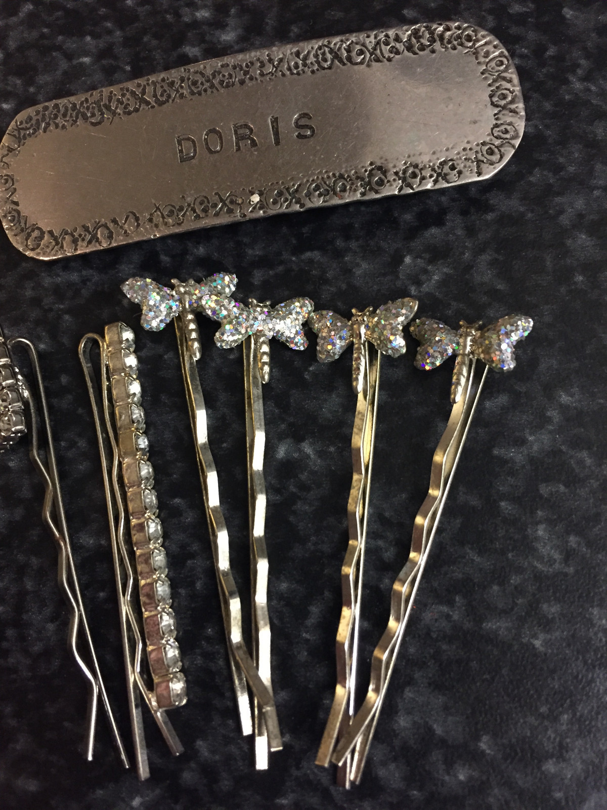 VINTAGE SILVER METAL CLEAR GEM STONE BUTTERFLY DORIS HAIR CLIPS PIN LOT SET