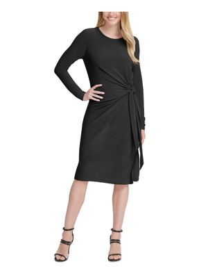 

Женское черное платье-футляр DKNY с длинными рукавами и круглым вырезом до колен, Черный