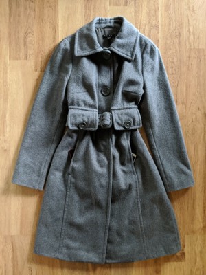 Sisley Women 40 US Size 4 6 Grey Wool Coat Belt Pockets Lined