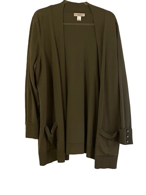 CJ Banks Womens Long Cardigan Sweater Size 1X Green Open Front Button SLV Detail