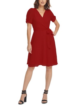 

DKNY Женское красное шифоновое платье с завязками и рукавами-пуфами + расклешенное платье, Красный