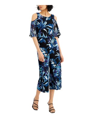

CONNECTED APPAREL Женский черный комбинезон с широкими штанинами и круглым вырезом с развевающимися рукавами