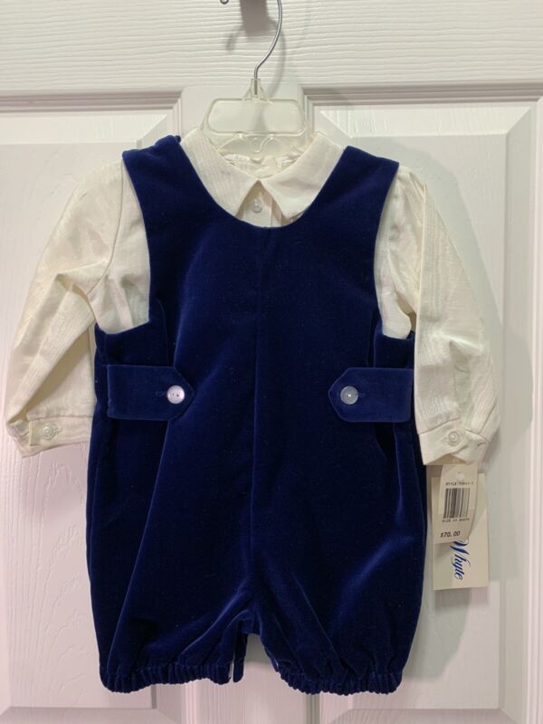 NWT Vintage Sylvia Whyte Toddler Boys Blue Velvet Overalls Suit Outfit 24 Months
