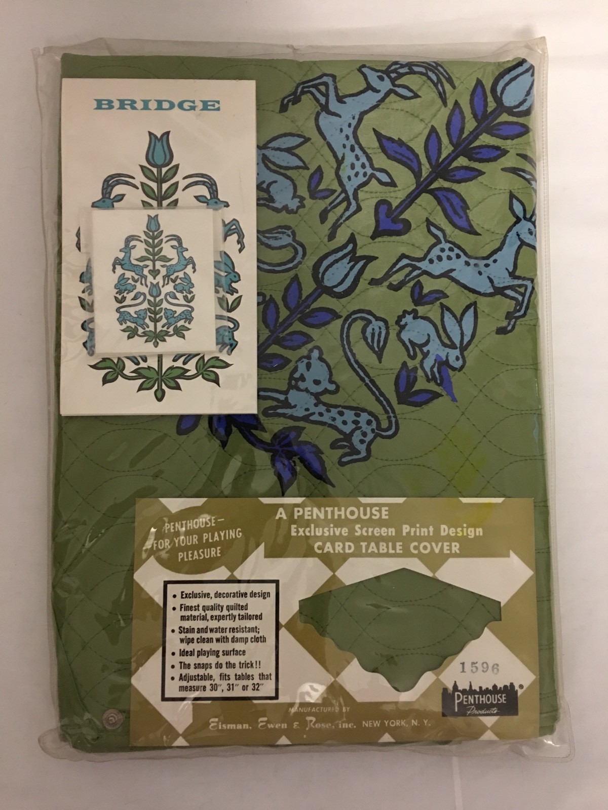 Bridge Card Table Cover ~ Green Quilted Animal Screen Print Design ~ Tally Cards