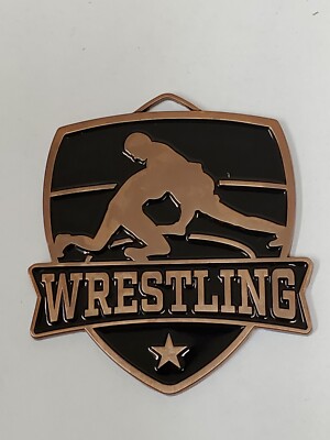 Fun New design, Wrestling award medal, shield shaped, BRONZE, w neck ribbon 2.5''